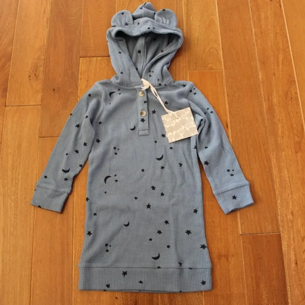 NWT Kate Quinn Star Print Hooded Long Sleeve Waffle Knit Henley Dress Blue 18-24